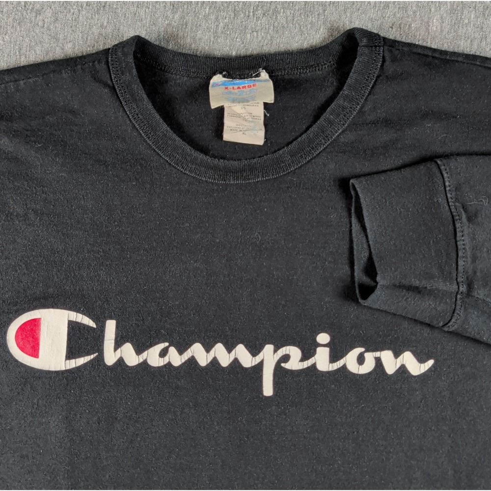 Y2K Champion Spellout Distressed Logo LS Graphic T Shirt Black Sz XL Streetwear
